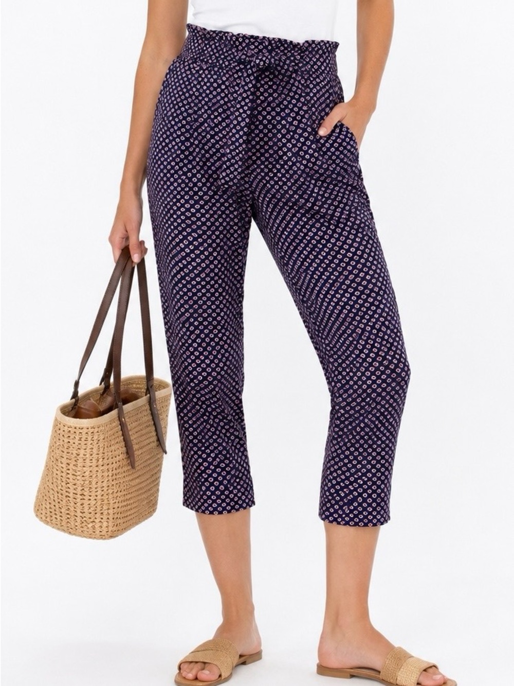 Gap Cropped Paperbag Waist Pants Navy Print Tie Waist Size 8 Capri